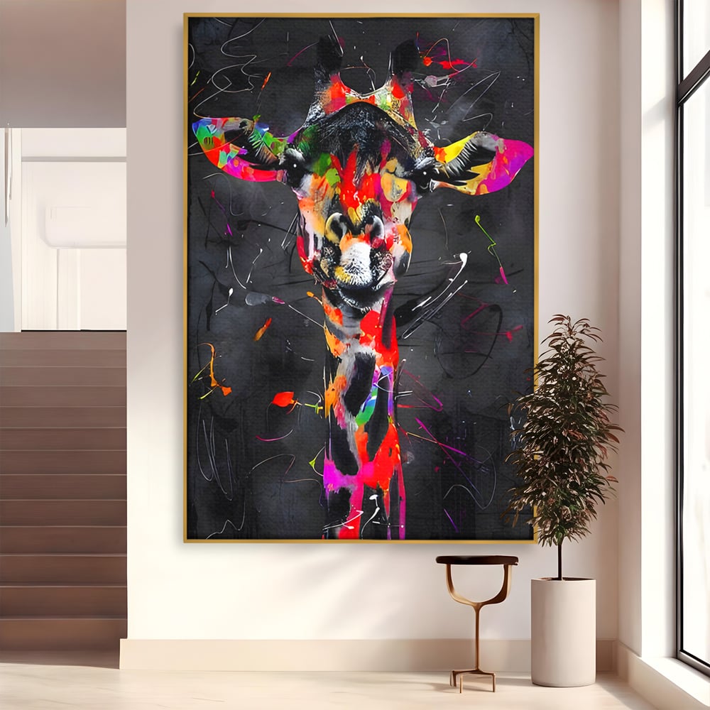 Tablou canvas cu tablou canvas cu girafa multicolor, in rama de aluminiu auriu